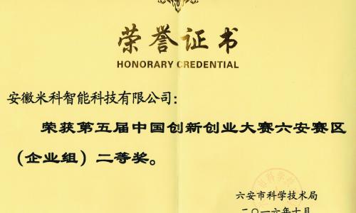 第五屆中國創新創業大賽六安賽區（企業組）二等獎